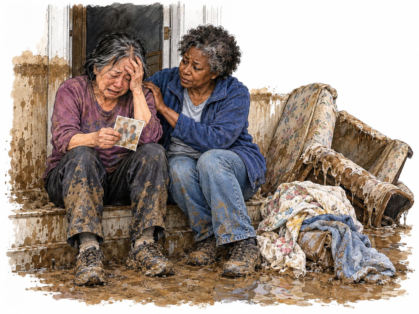 An older woman sits in visible distress beside the flood-damaged doorway of her home, holding a soaked family photograph while another older woman comforts her.