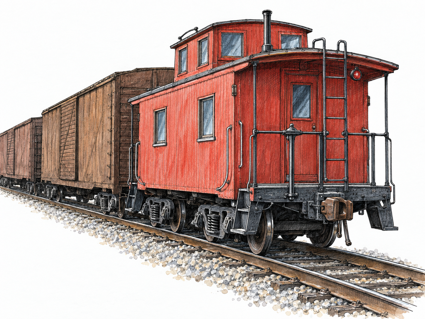 A distinctive red cupola caboose coupled behind freight boxcars, with its exposed rear platform and empty track extending behind it clearly showing that it is the last car.