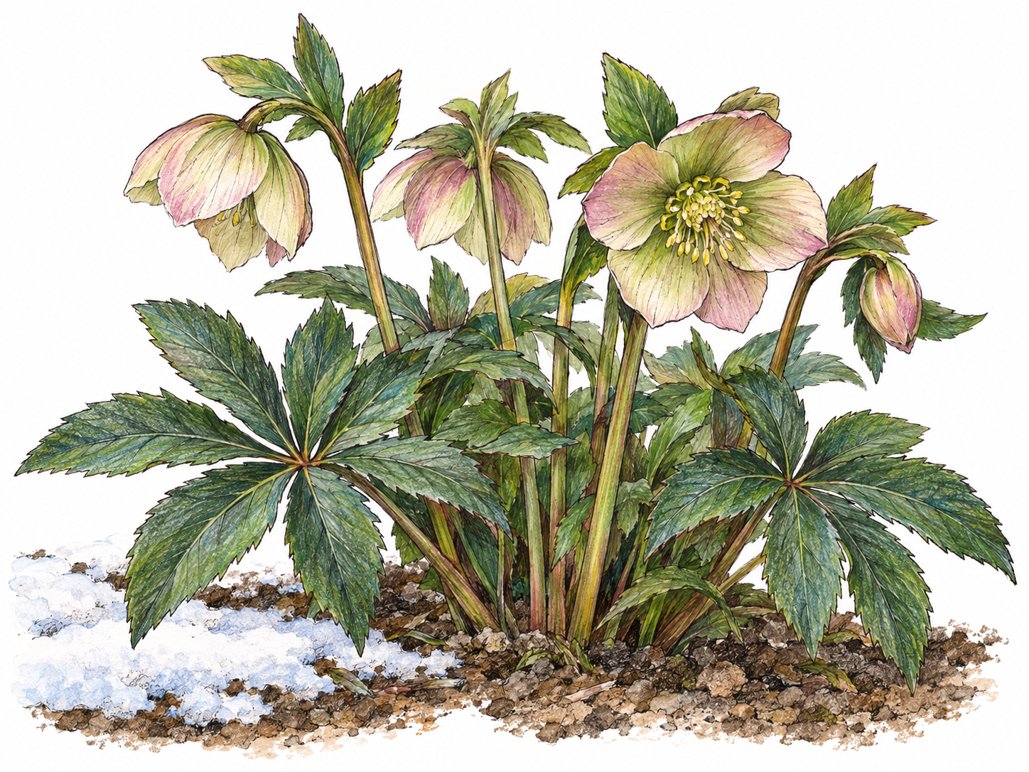 A living hellebore clump flowering beside a small remnant of snow, with nodding cream-and-muted-pink blooms and leathery divided evergreen leaves.