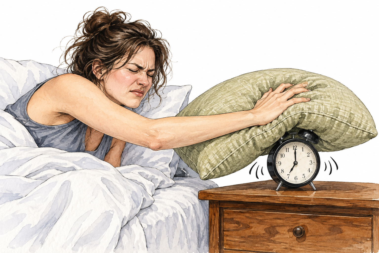 Adult woman covers ringing alarm clock with thick cushion to silence it, clear act of suppressing sound.