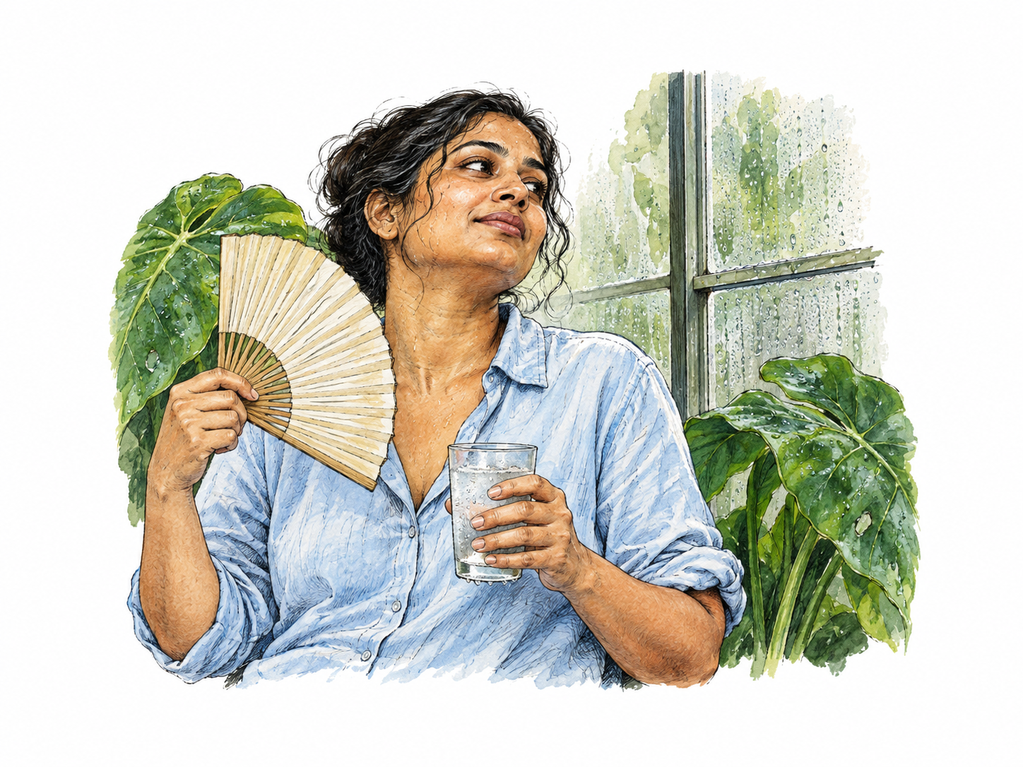 An adult in light clothes fans herself in a steamy greenhouse fragment; broad plant leaves have condensation beads and a cool drinking glass fogs.