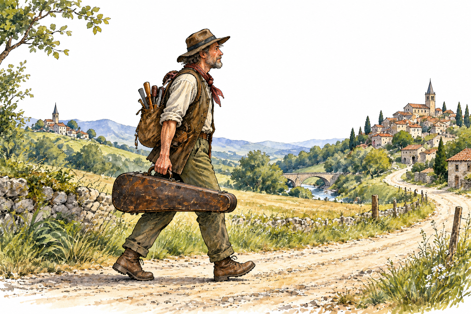 An itinerant violin repairer walks with a worn tool case from one small town toward the next, traveling work.