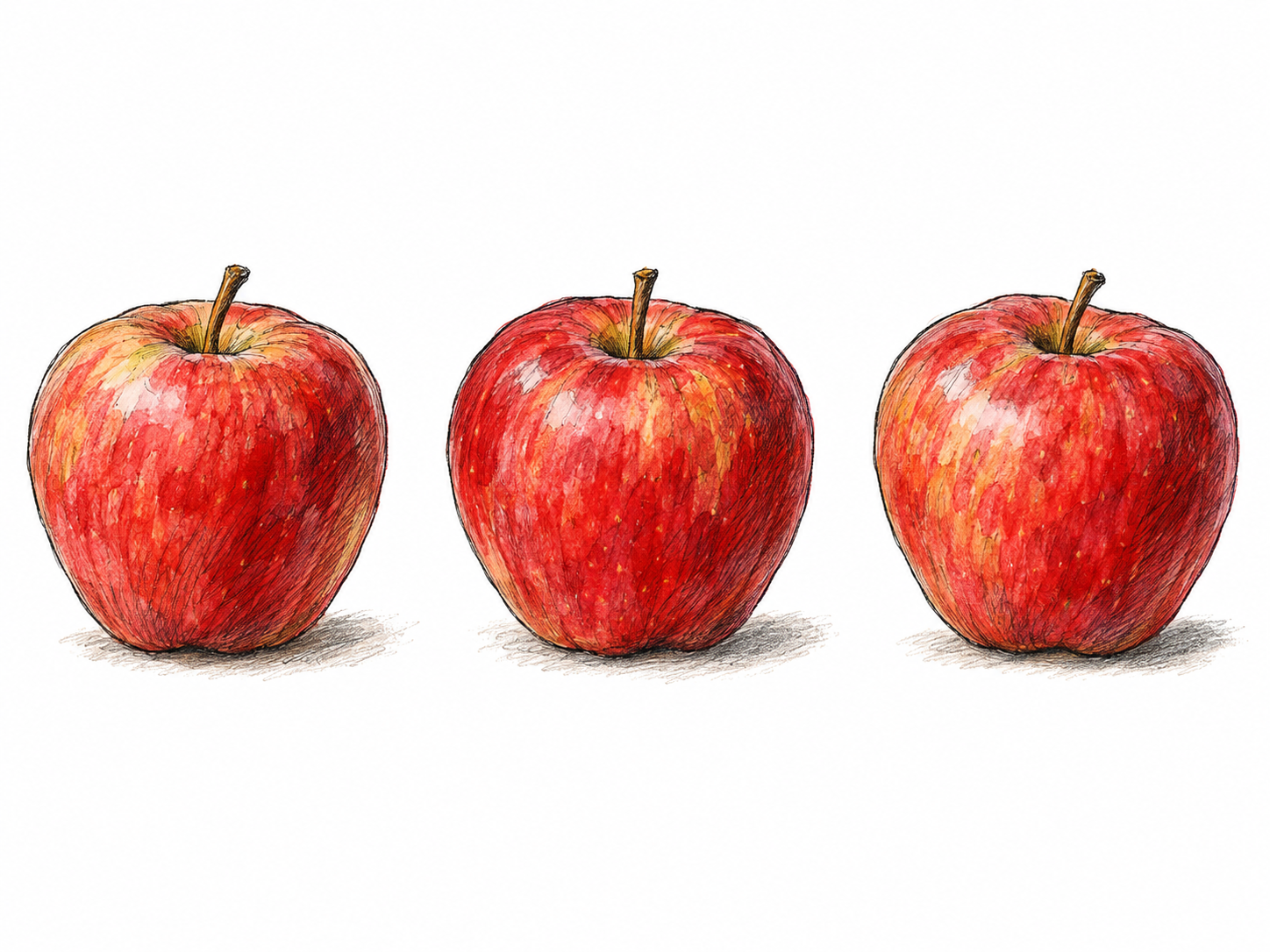 Exactly three matching red apples arranged in a clearly separated horizontal row, making the quantity immediately countable.