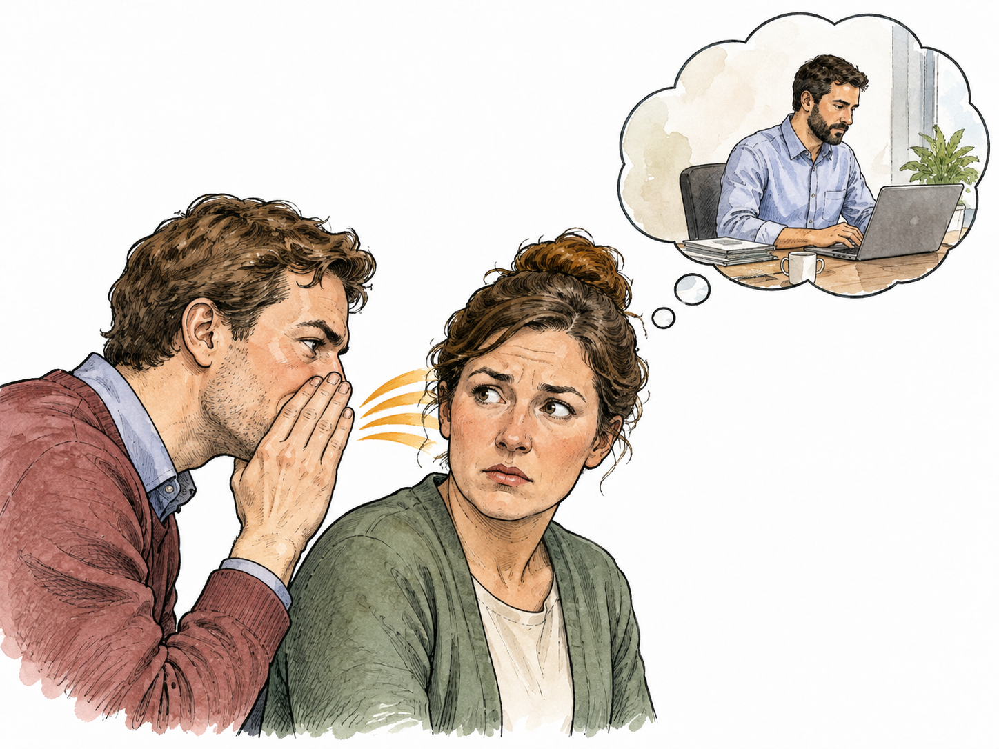 A malicious person whispers a false accusation about an absent coworker; a thought bubble shows the innocent coworker elsewhere, speech represented by abstract strokes.