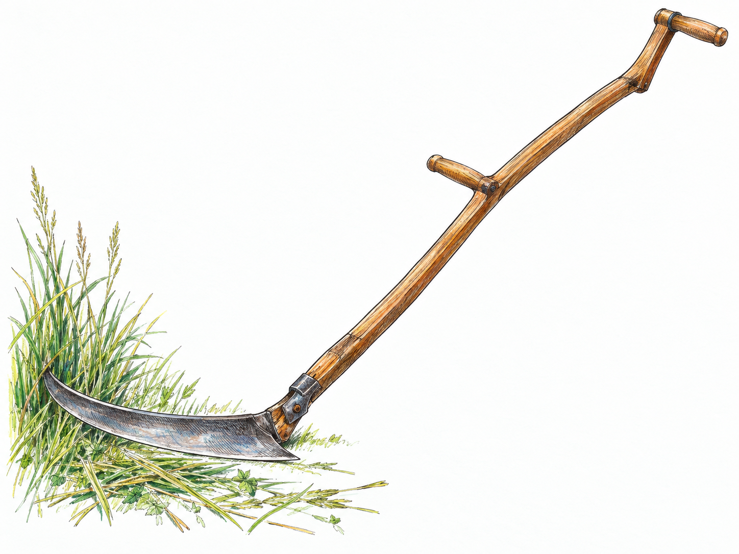 A single traditional scythe displayed diagonally, with its long wooden shaft, two handgrips, and long curved steel blade clearly visible beside a small tuft of grass and a few cut stems.