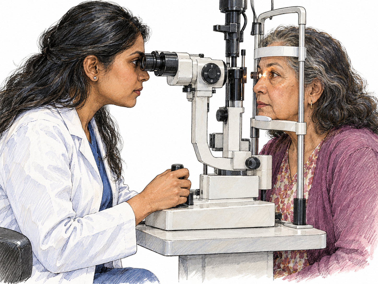 An eye doctor examines an older patient's eye with a slit-lamp microscope, making the connection to eyes and eye medicine immediately visible.