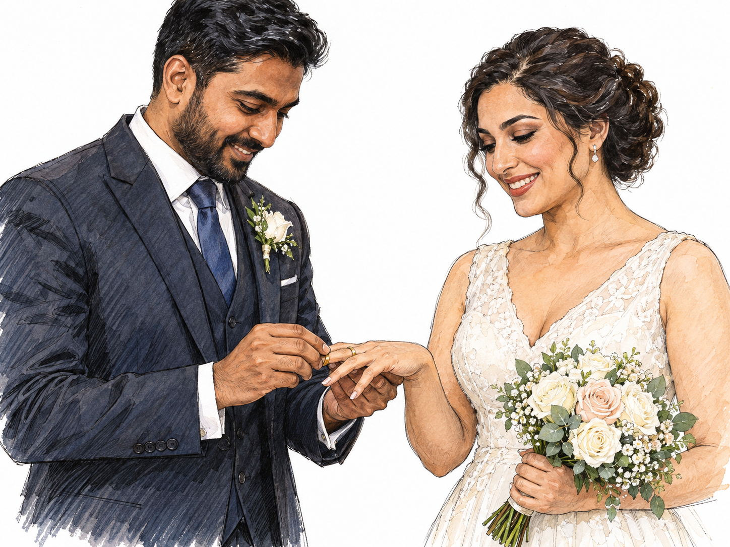 A groom in a wedding suit and boutonniere places a wedding ring on his bride’s finger, with the groom visually prominent.