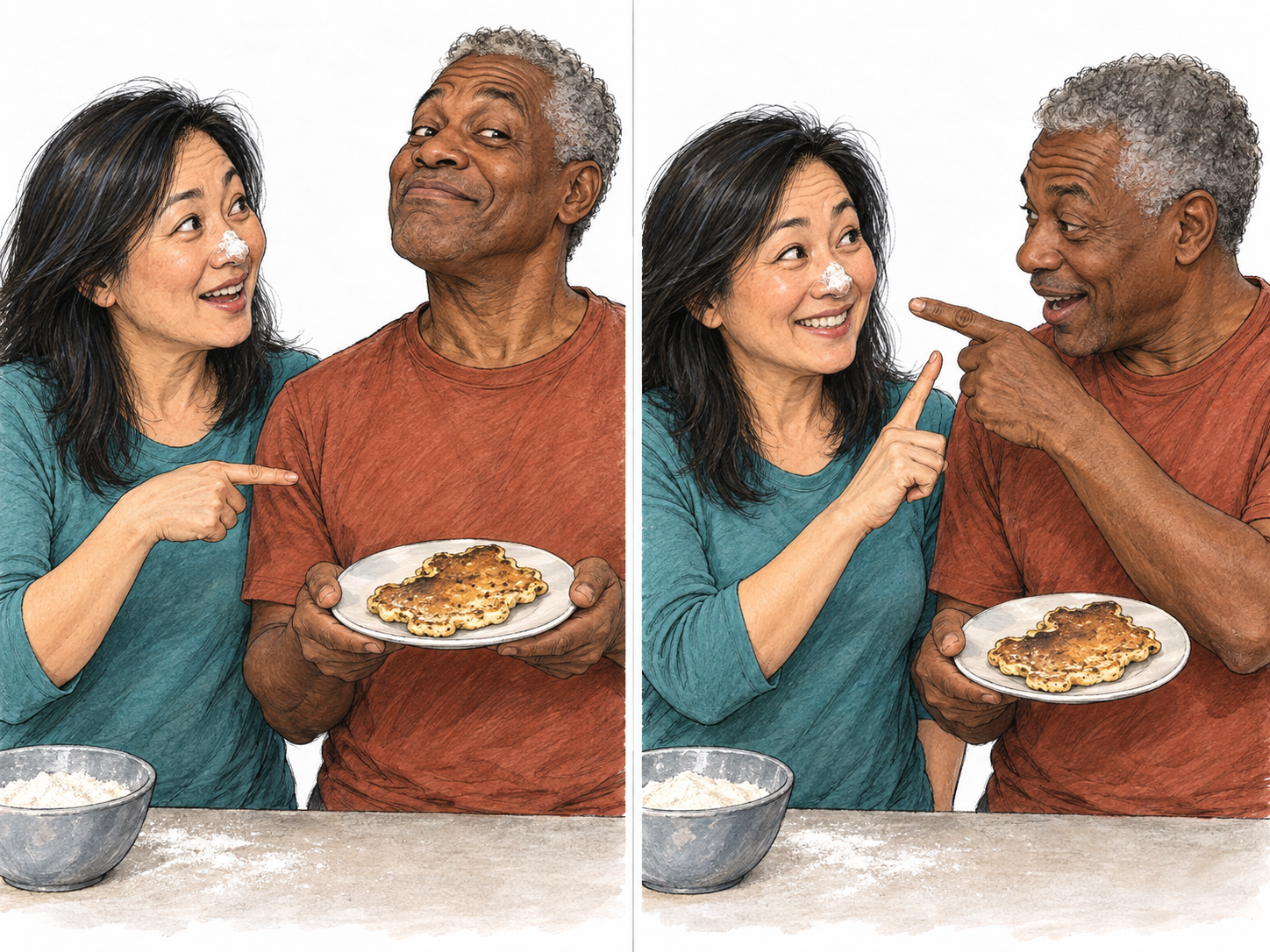 Banter shown as a reciprocal, good-humored exchange: one companion teasingly draws attention to a comically misshapen pancake, and the cook responds by pointing out flour on the first companion’s nose.