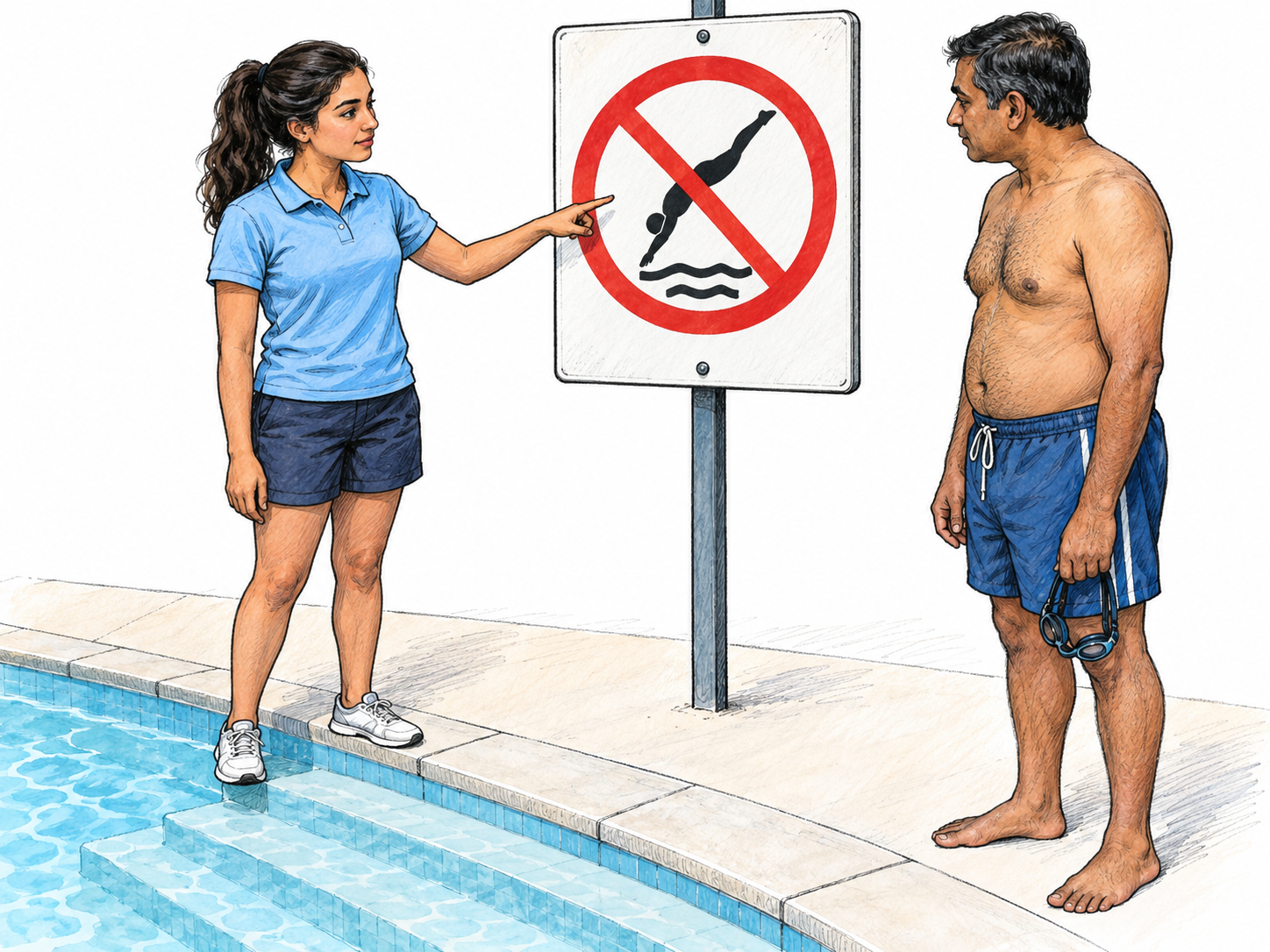 An explicit pool-safety instruction: an attendant points directly to a large, unmistakable no-diving pictogram beside visibly shallow water while a swimmer looks at the sign.