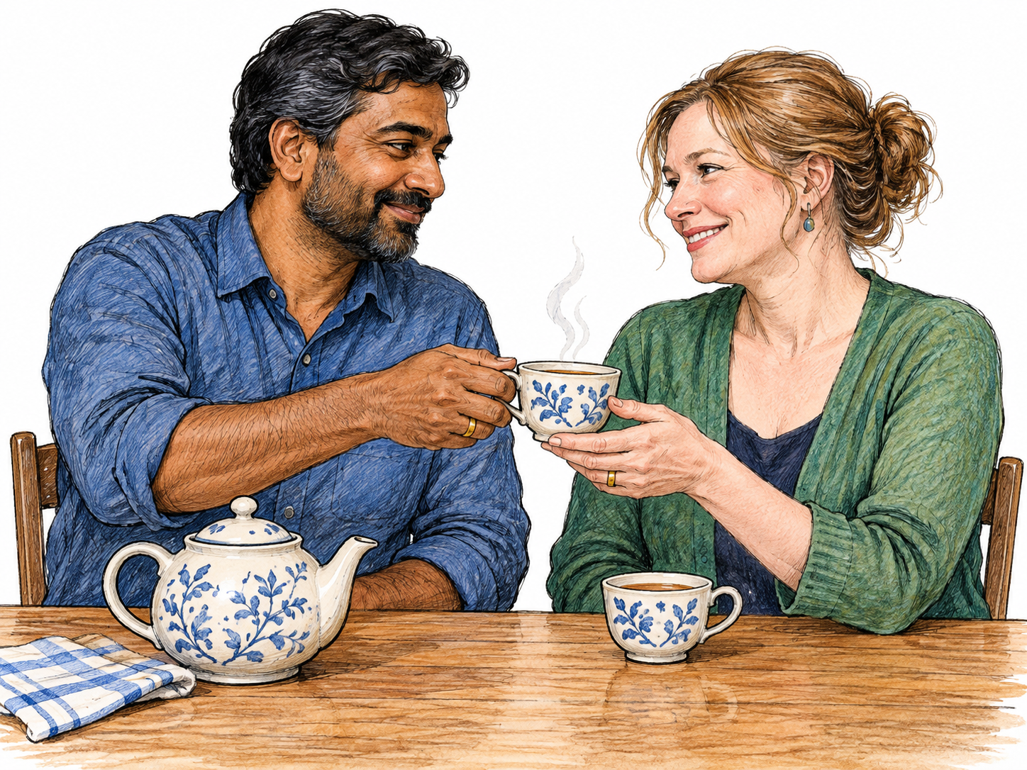 A married couple prepare tea together, their wedding bands visible as one passes a cup to the other, affectionate ordinary companionship; simple table only.