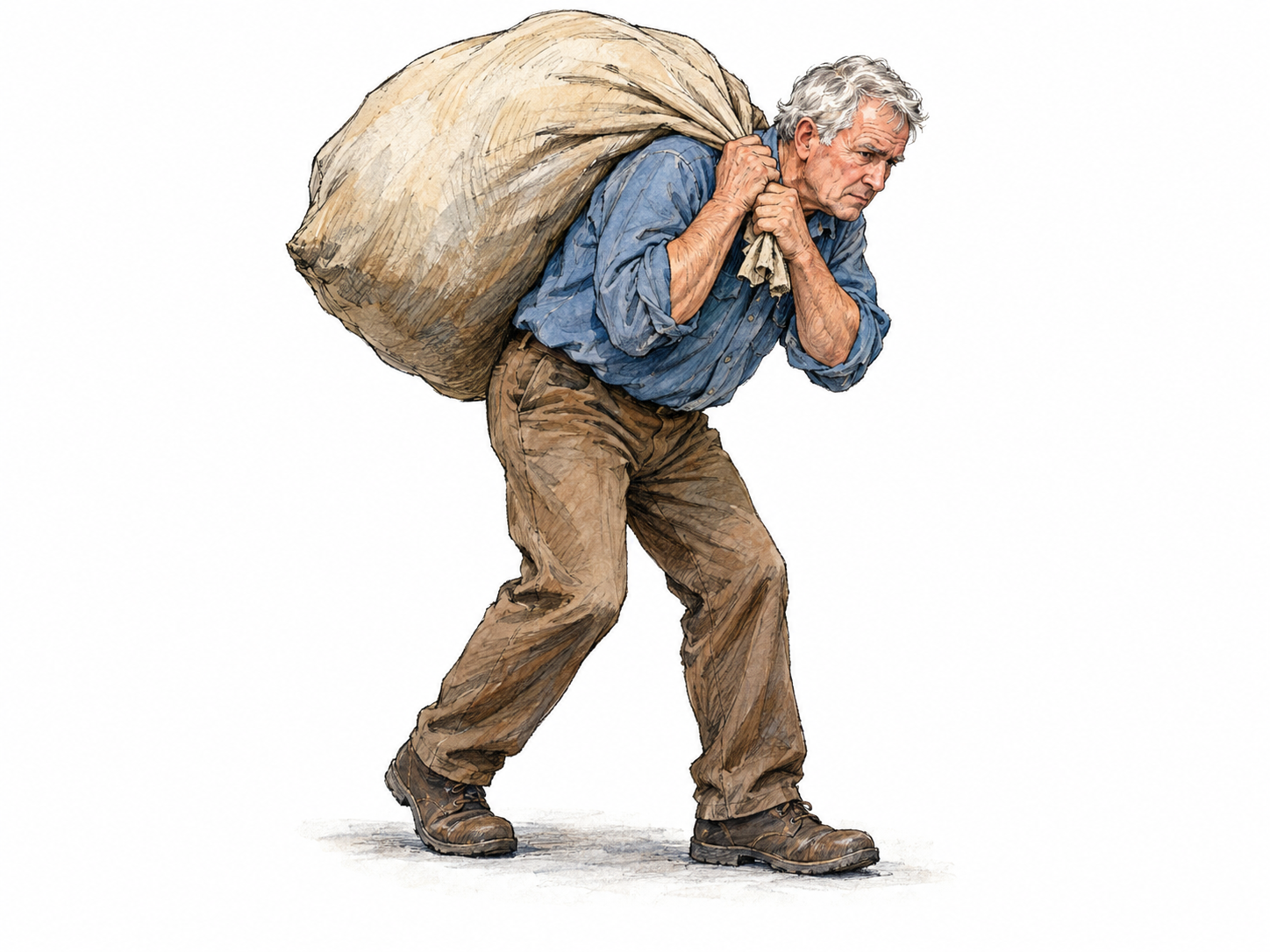An older man visibly strained beneath a large, heavy sack carried across his back, making the physical-load sense of burden immediately concrete.