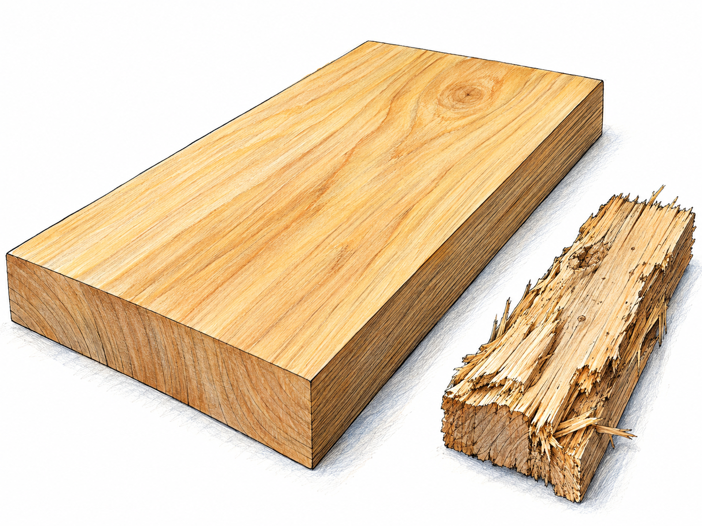A large, smoothly finished wooden board beside a smaller rough offcut of the same wood.