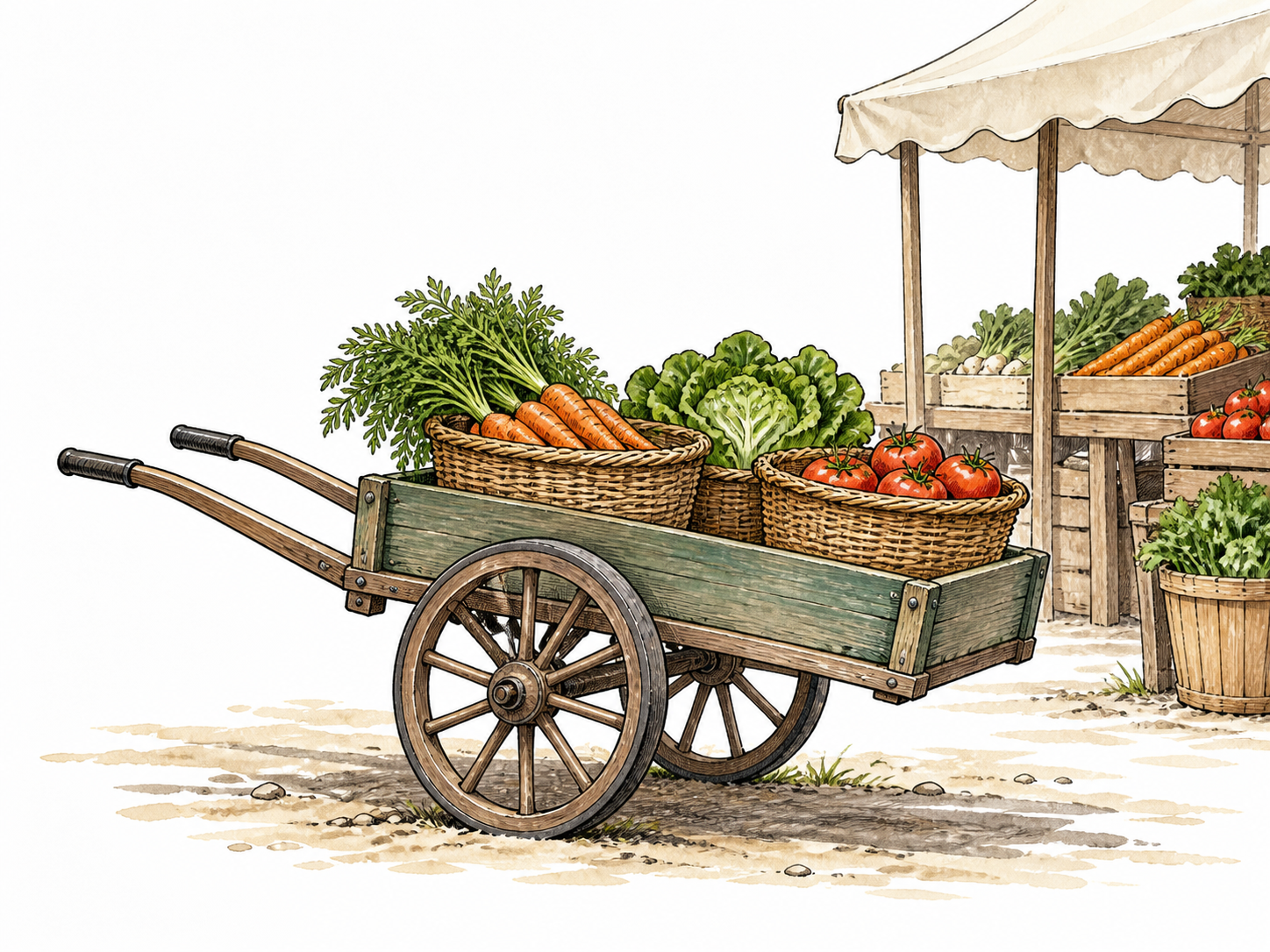 A small handcart carries vegetable baskets at a market.
