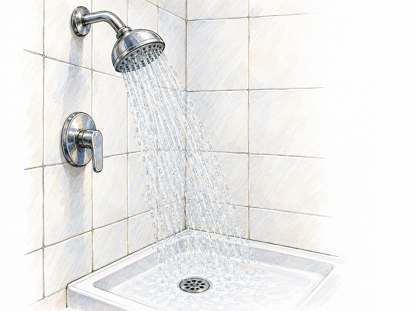 A wall-mounted showerhead sprays water into a simple shower tray, with a visible mixer control and drain.