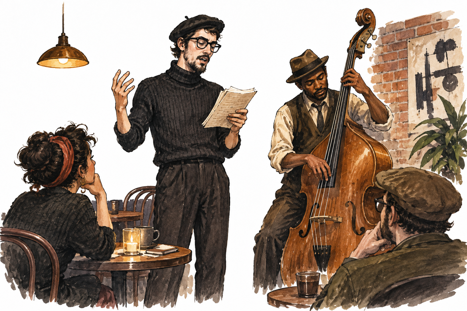 A 1950s beatnik poet with dark turtleneck reads beside a jazz bassist in an intimate cafe, respectful cultural depiction.