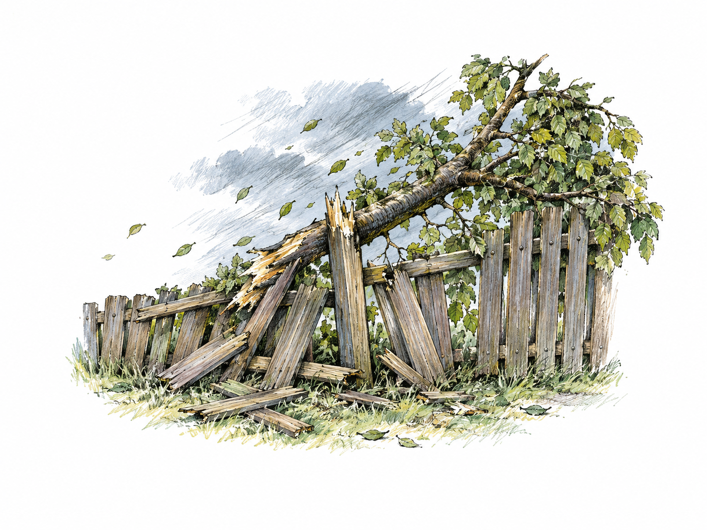 A storm blast causes damage to a garden fence, snapping a post and sending loose slats down as a heavy branch falls across it; active infliction of damage, minimal ground, no people.