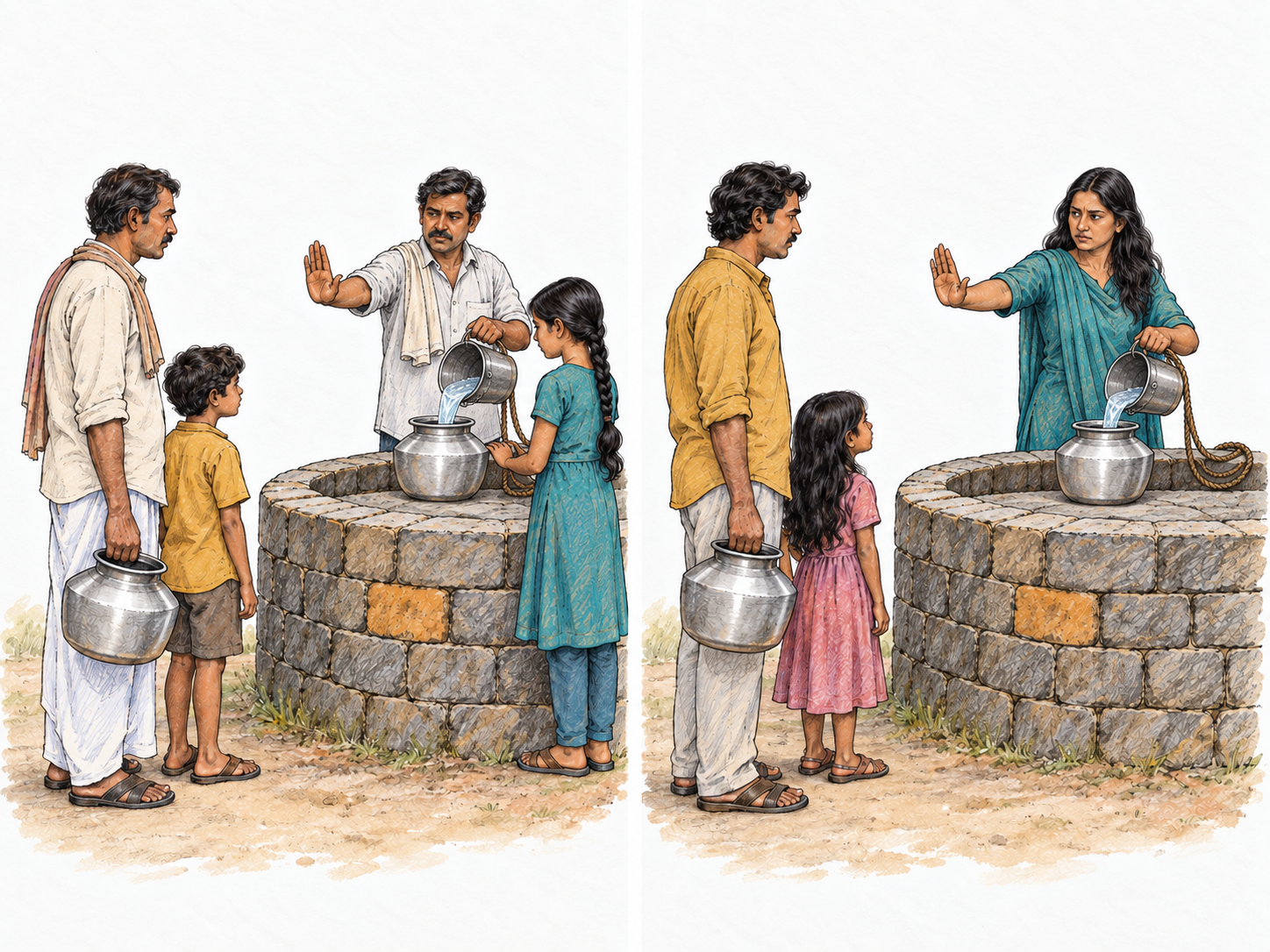 A two-generation comparison of caste-based exclusion at a shared village well: a boy barred beside his father later encounters the same restriction with his own daughter, while access remains with another family across generations.