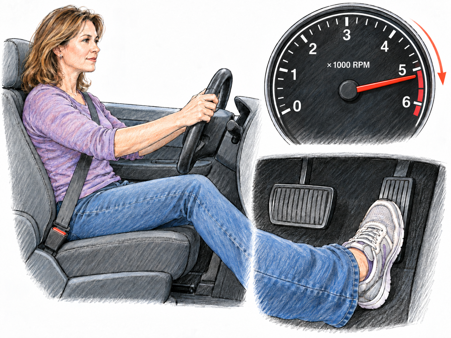 A driver presses a car's accelerator while its prominently visible tachometer needle sweeps toward high engine speed.