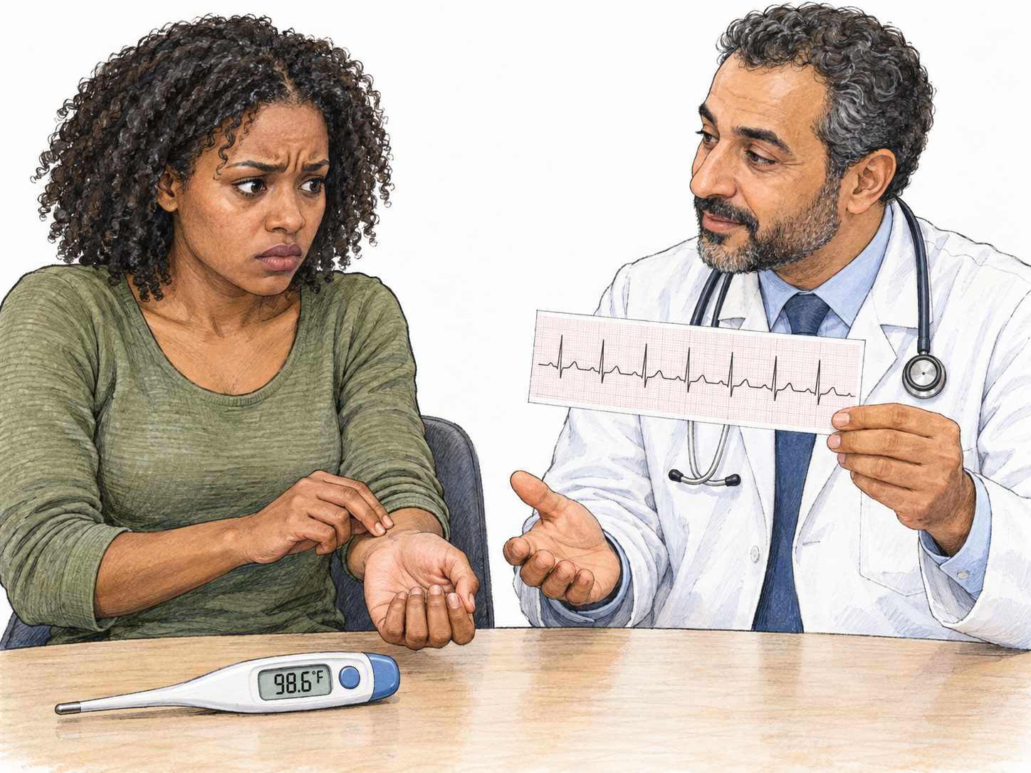 Persistent, disproportionate fear of serious illness: an outwardly well young woman anxiously checks her pulse during a reassuring medical consultation, despite a normal temperature and a regular heart tracing.