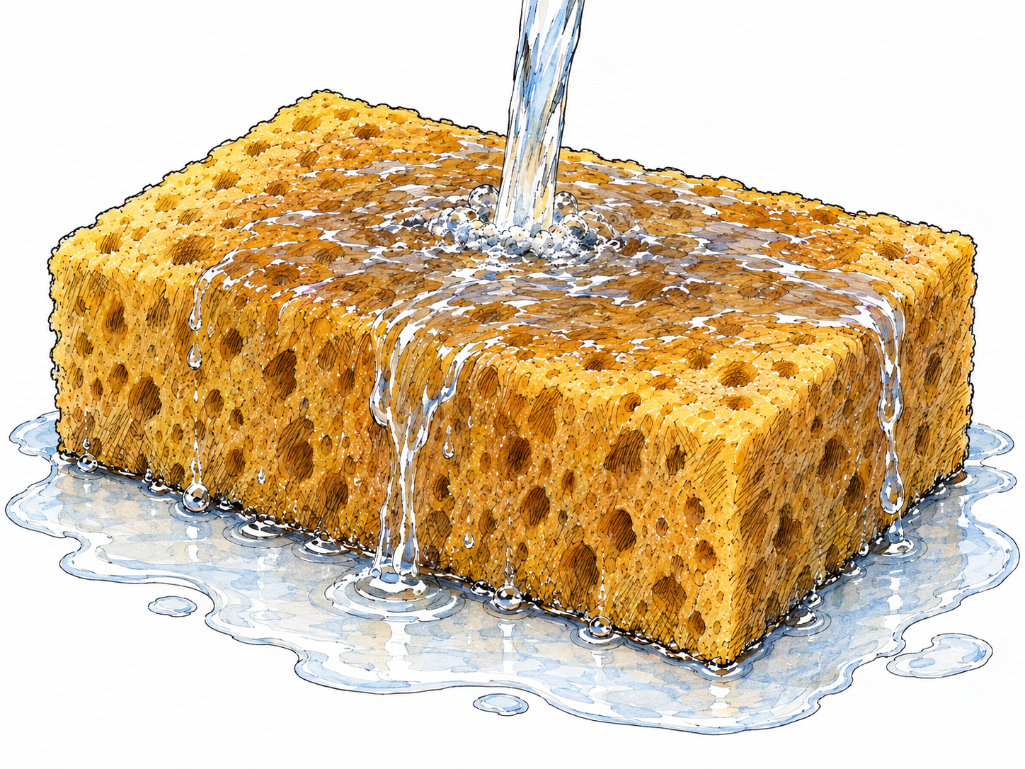 A completely waterlogged sponge sits in a shallow puddle, with additional water running across its already soaked surface and spilling from its edges.
