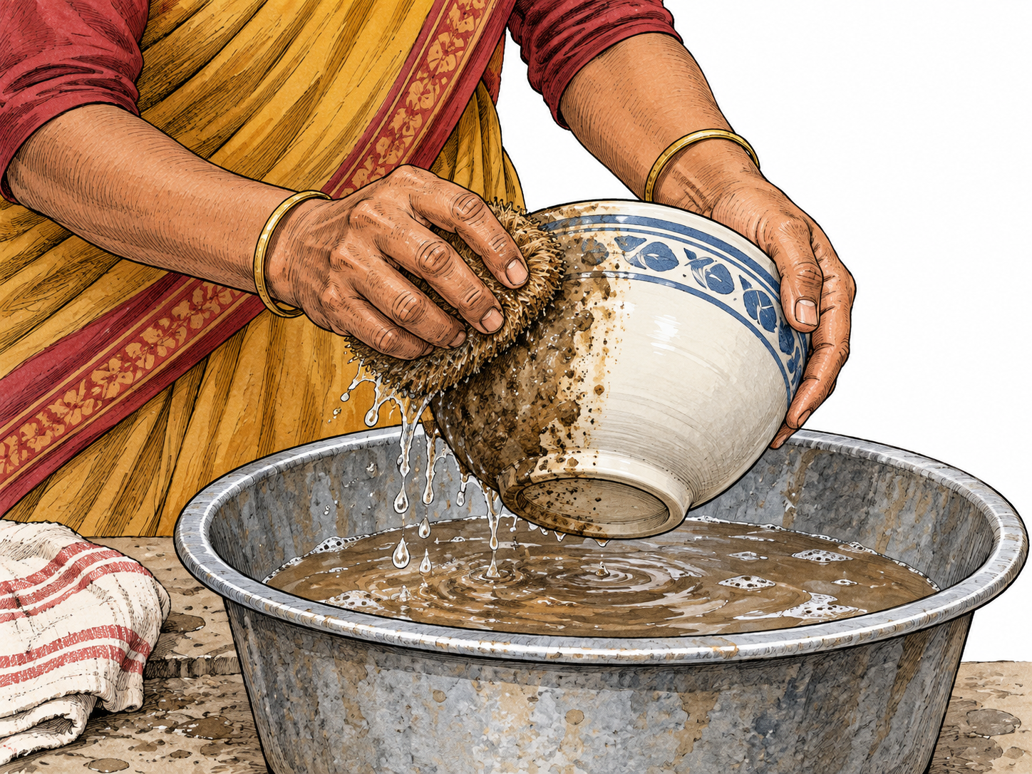 An adult South Asian person washes dirt from a ceramic bowl in a basin, with one side visibly dirty and the freshly scrubbed side clean.