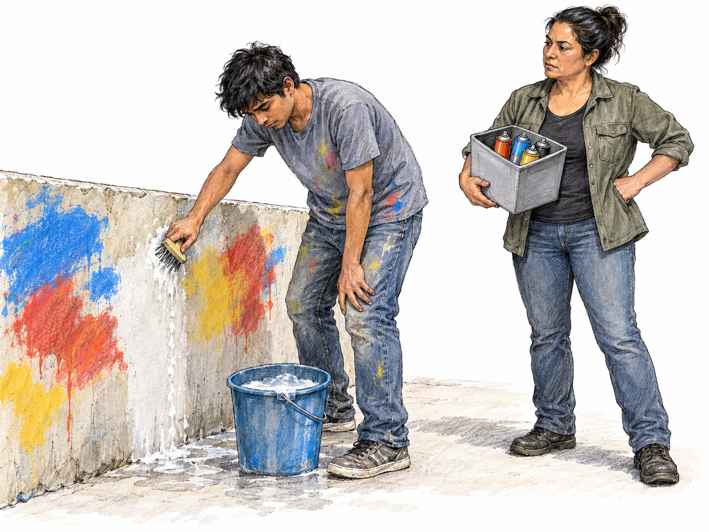 A young man receives a cleanup punishment for vandalism: he scrubs the paint he sprayed onto a low wall while a community supervisor watches, holding his confiscated spray cans.