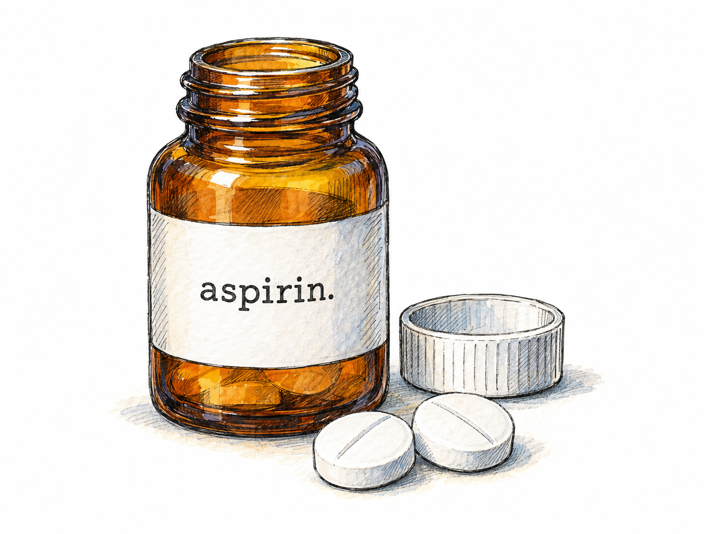 A small medicine bottle labeled only “aspirin,” with its cap beside it and two plain white tablets in the foreground.