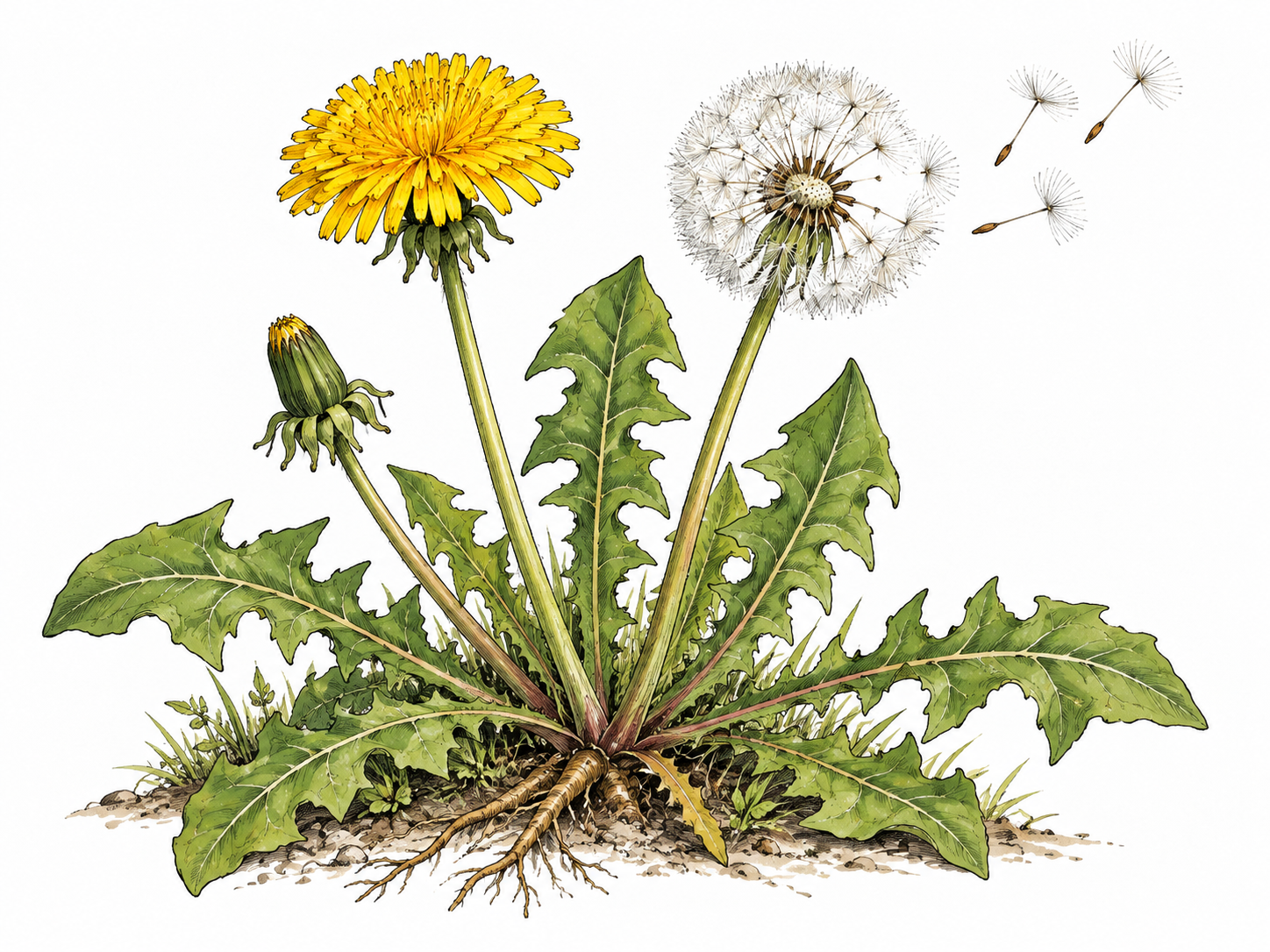 Botanical dandelion with yellow flower, jagged leaves and fluffy seed head.