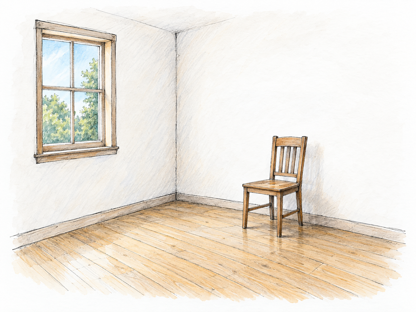 A nearly empty room with plain undecorated walls, an uncovered wooden floor, and one simple wooden chair.