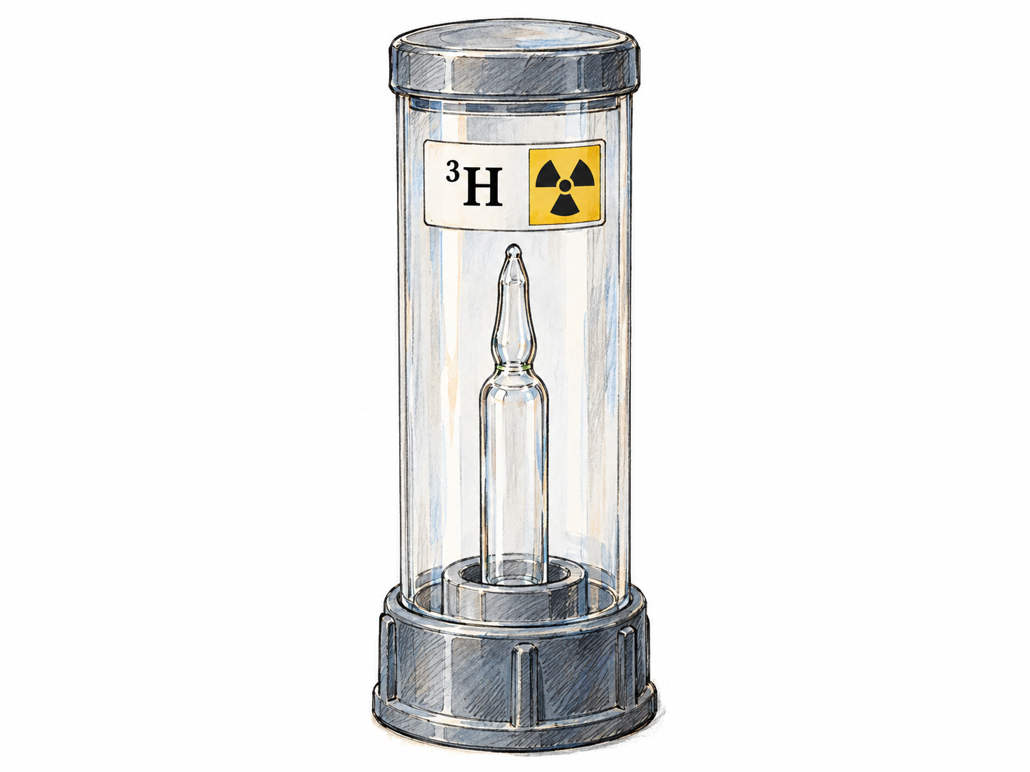 A sealed laboratory sample of tritium gas, identified by the indispensable isotope marking ³H and a radiation-warning trefoil on its container.