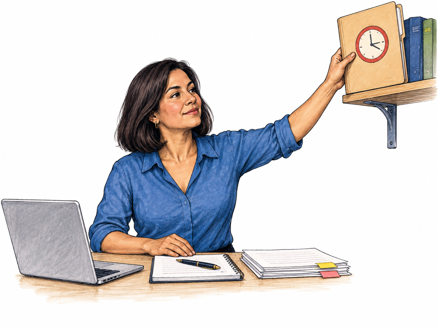 Woman deliberately moves closed project folder away from active desk onto separate high shelf while active task remains on desk; small clock icon on folder signals postponement, no words, no room backdrop.