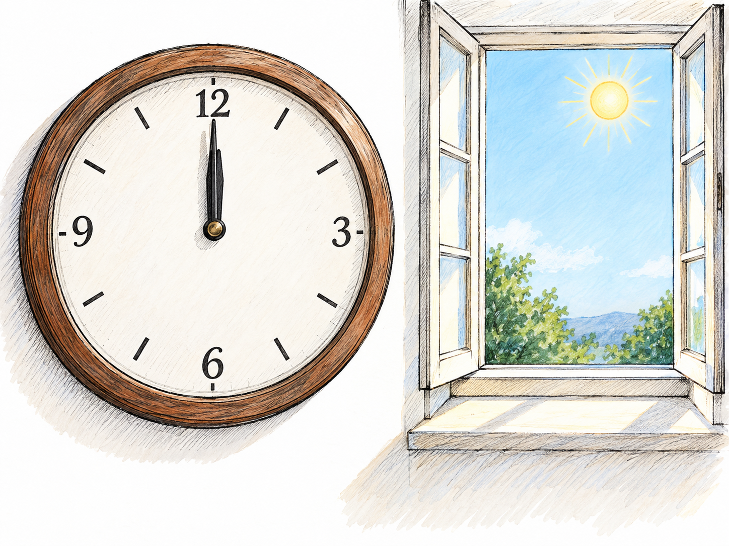 A prominent analog clock showing exactly twelve, beside a window with bright daytime sky and a high sun, distinguishes noon from midnight.