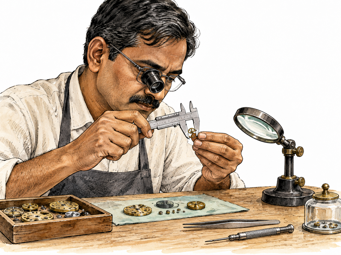 A South Asian watchmaker measures a tiny part precisely with calipers under a magnifier.
