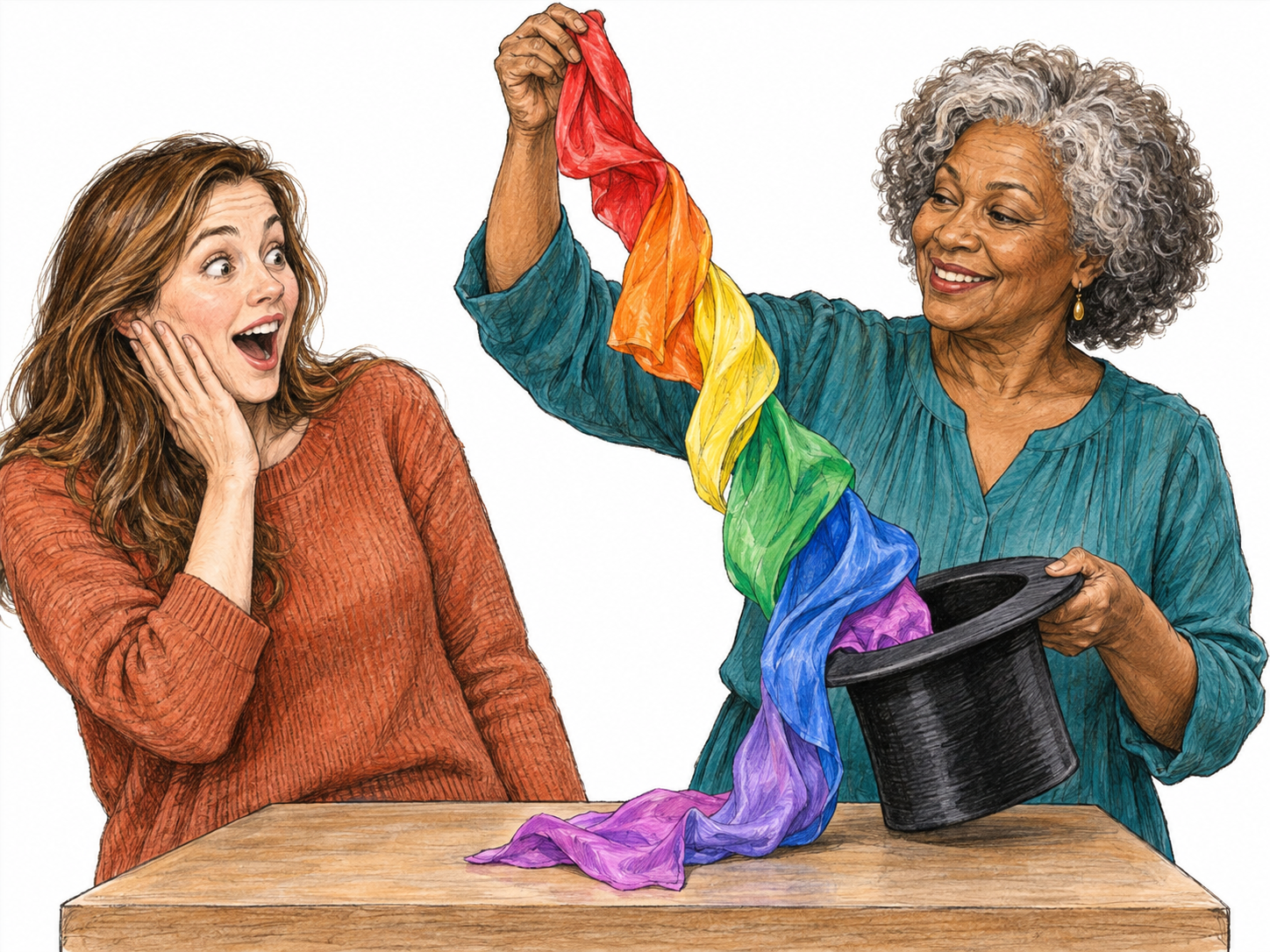 A magician produces a long cascade of colorful silk scarves from an apparently empty hat, astounding a nearby spectator whose eyes widen and jaw drops.