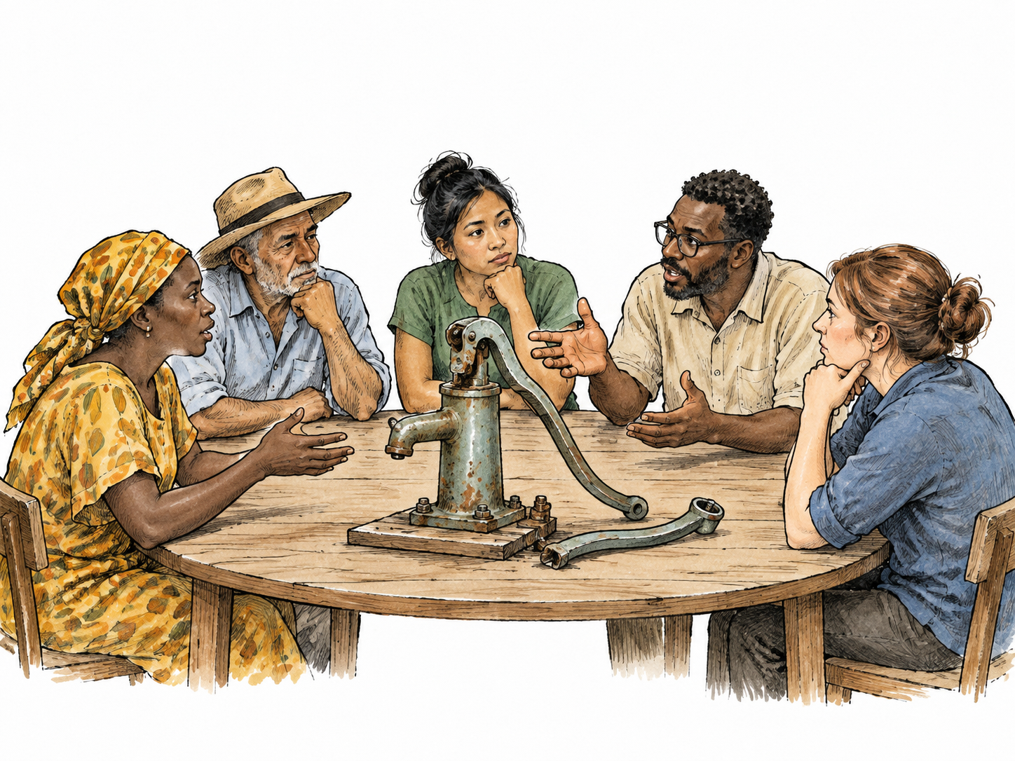 Diverse neighbors discuss a broken community water pump around a table, a concrete problem under discussion.