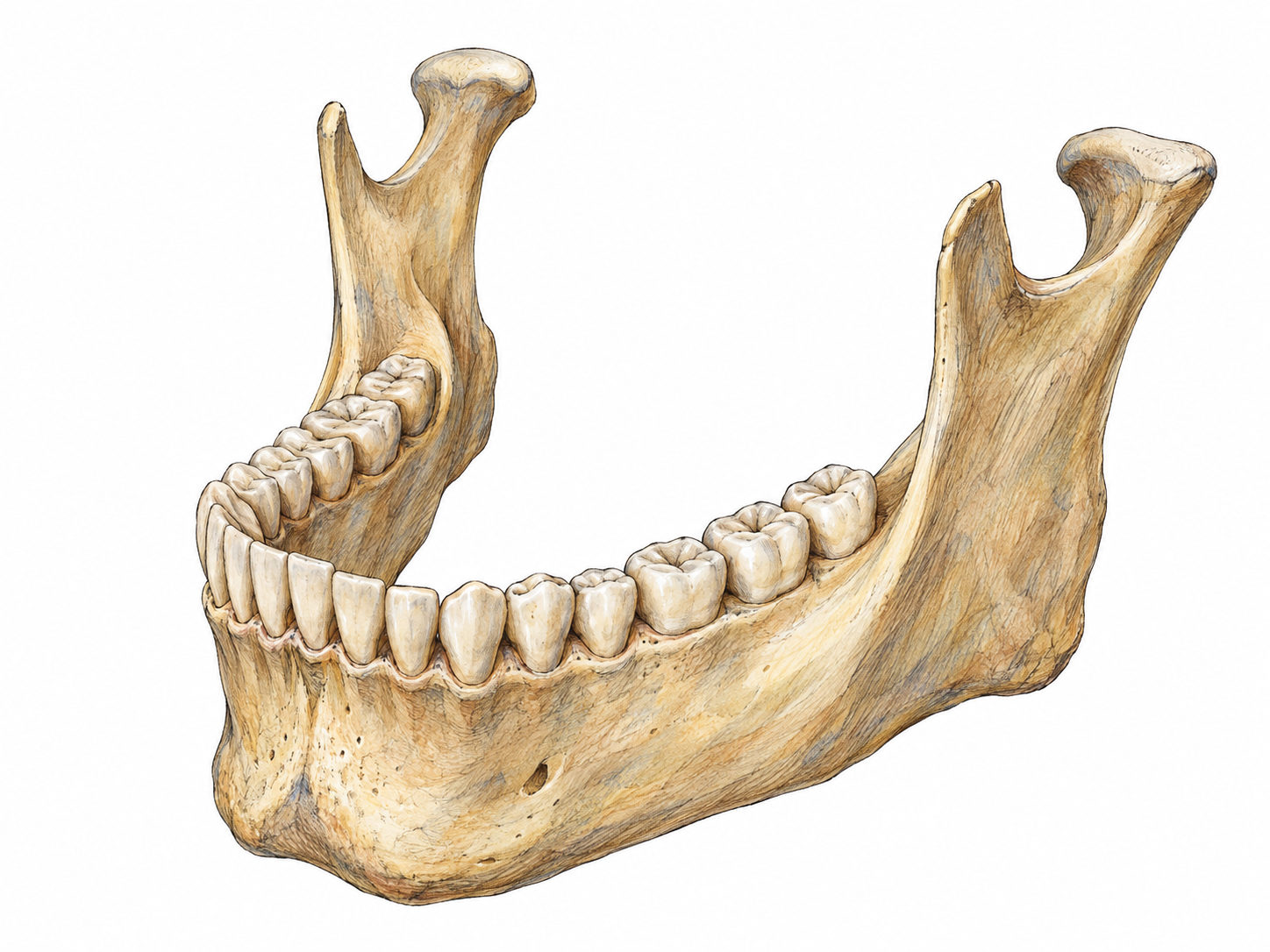 An isolated human lower jawbone in three-quarter view, with teeth visibly rooted in its curved bony body and both ascending branches clearly shown.