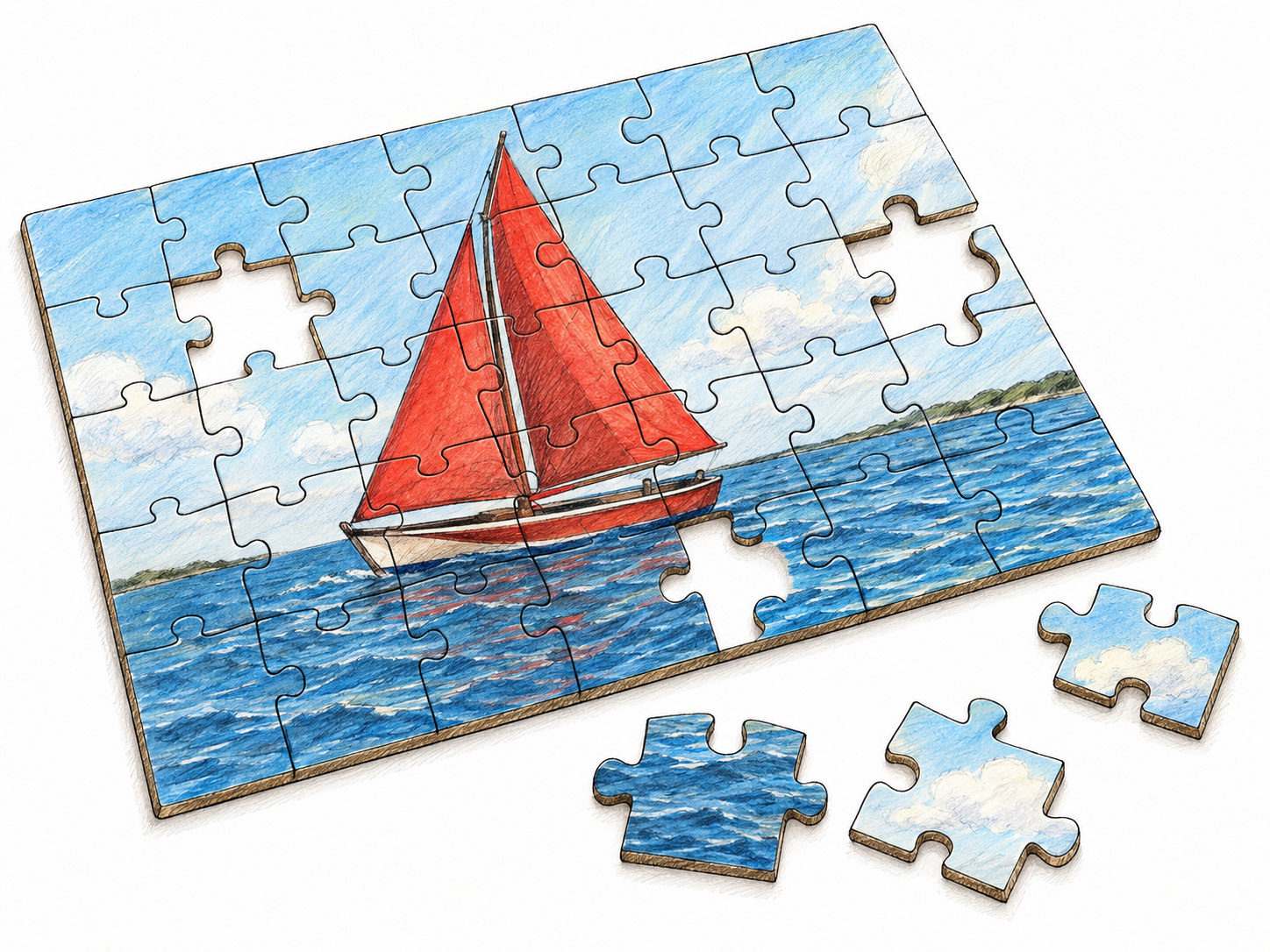 An almost-completed jigsaw puzzle with several interlocking pieces still loose beside matching gaps, making a familiar game of fitting pieces together immediately recognizable.