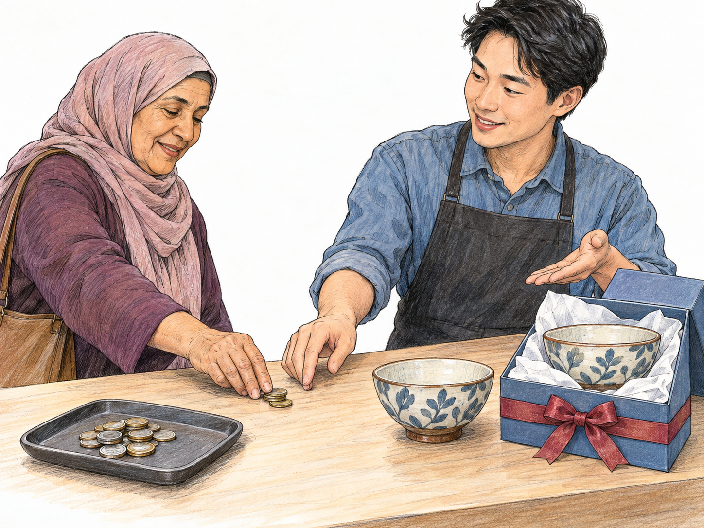 A shopper pays an extra amount for gift wrapping: beside an unwrapped ceramic bowl and its matching gift-wrapped counterpart, she slides a small additional stack of coins toward the shop clerk, separate from the larger payment for the bowl.