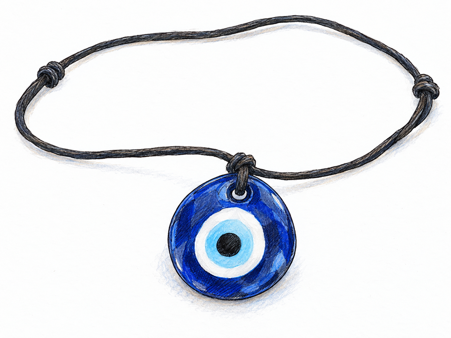 A small blue evil-eye amulet on a simple wearable cord, shown prominently enough that its traditional protective eye motif is immediately recognizable.