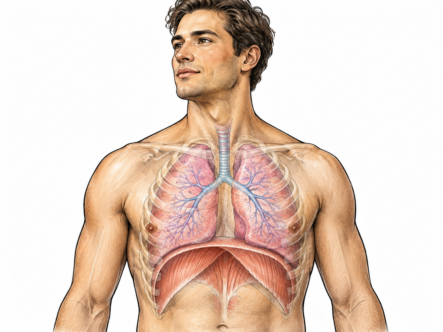 An anatomically clear educational view of an adult person's upper torso while breathing, with a translucent chest region showing the lungs and diaphragm in a calm breath.