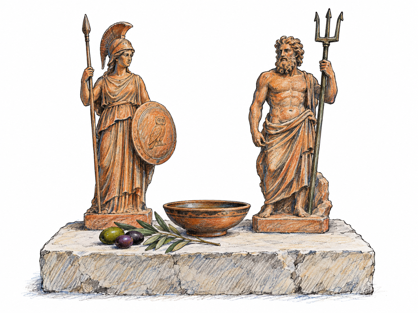 A small ancient Greek household shrine with statuettes of Athena and Poseidon and modest offerings, illustrating one concrete example of polytheistic religious practice rather than suggesting that all pagan traditions are alike.