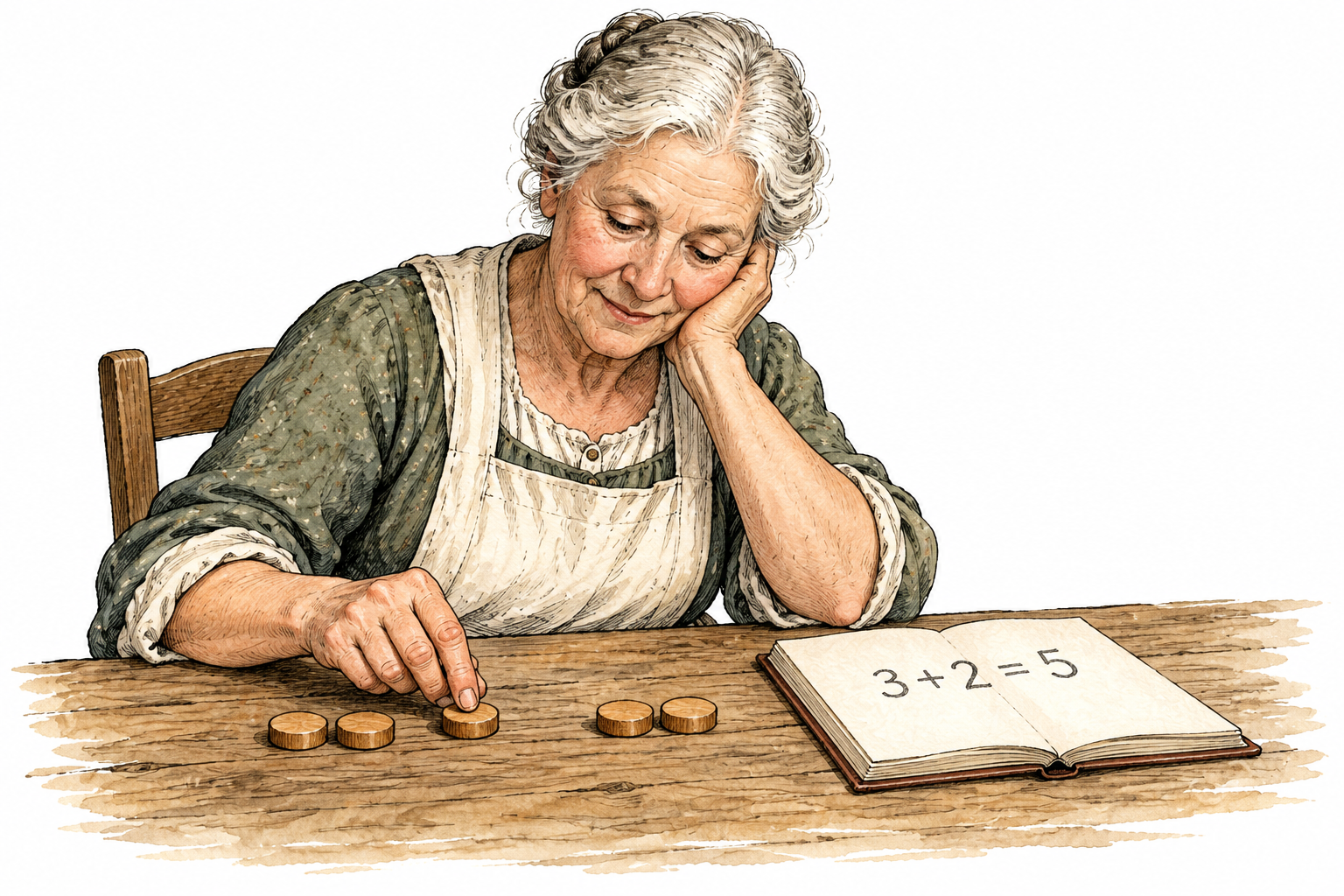An older white woman calculating a small arithmetic sum with wooden counters and a notebook, only the functional equation 3+2=5, no words.