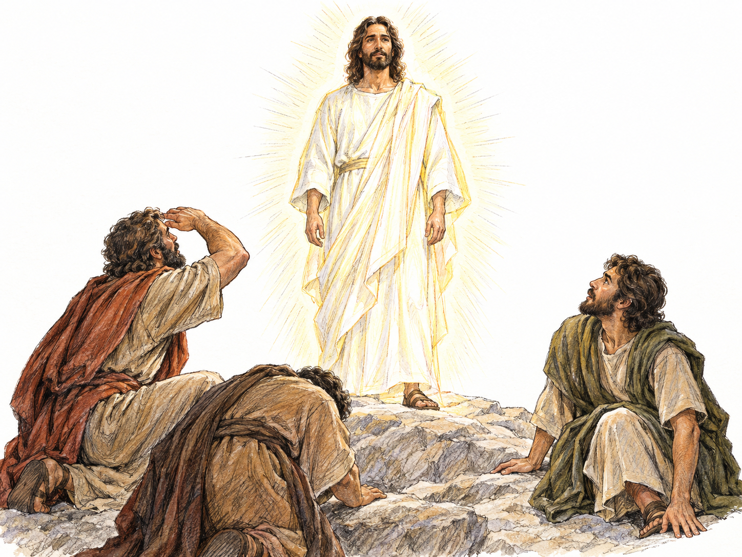 Godhead as divine nature made manifest: a restrained depiction of the Transfiguration, with Jesus radiating light before three awestruck disciples.