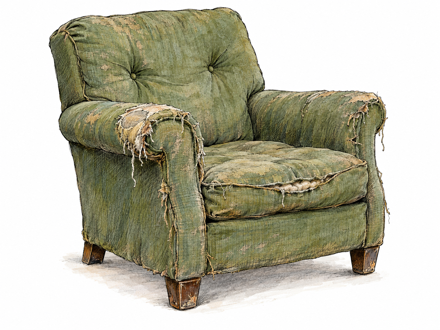 A shabby upholstered armchair with threadbare fabric, frayed armrests, a split cushion seam, and a sagging seat.