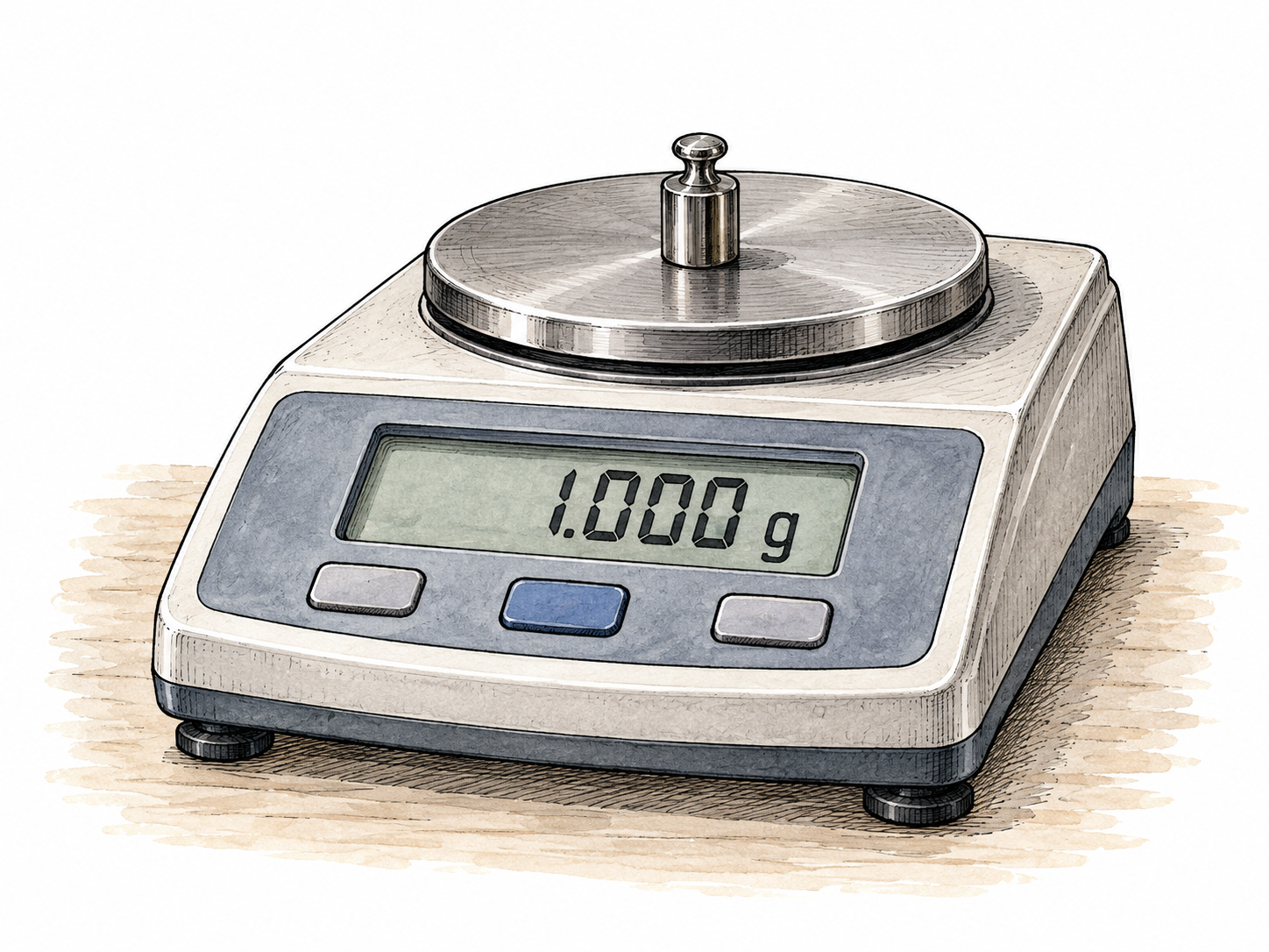 Small laboratory balance reading 1 g with a tiny standard weight on pan.