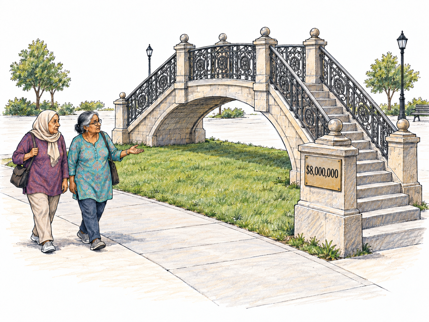 An expensive, completed municipal pedestrian bridge rises over a tiny strip of flat lawn while a direct level path beside it lets pedestrians reach the same destination without using it.