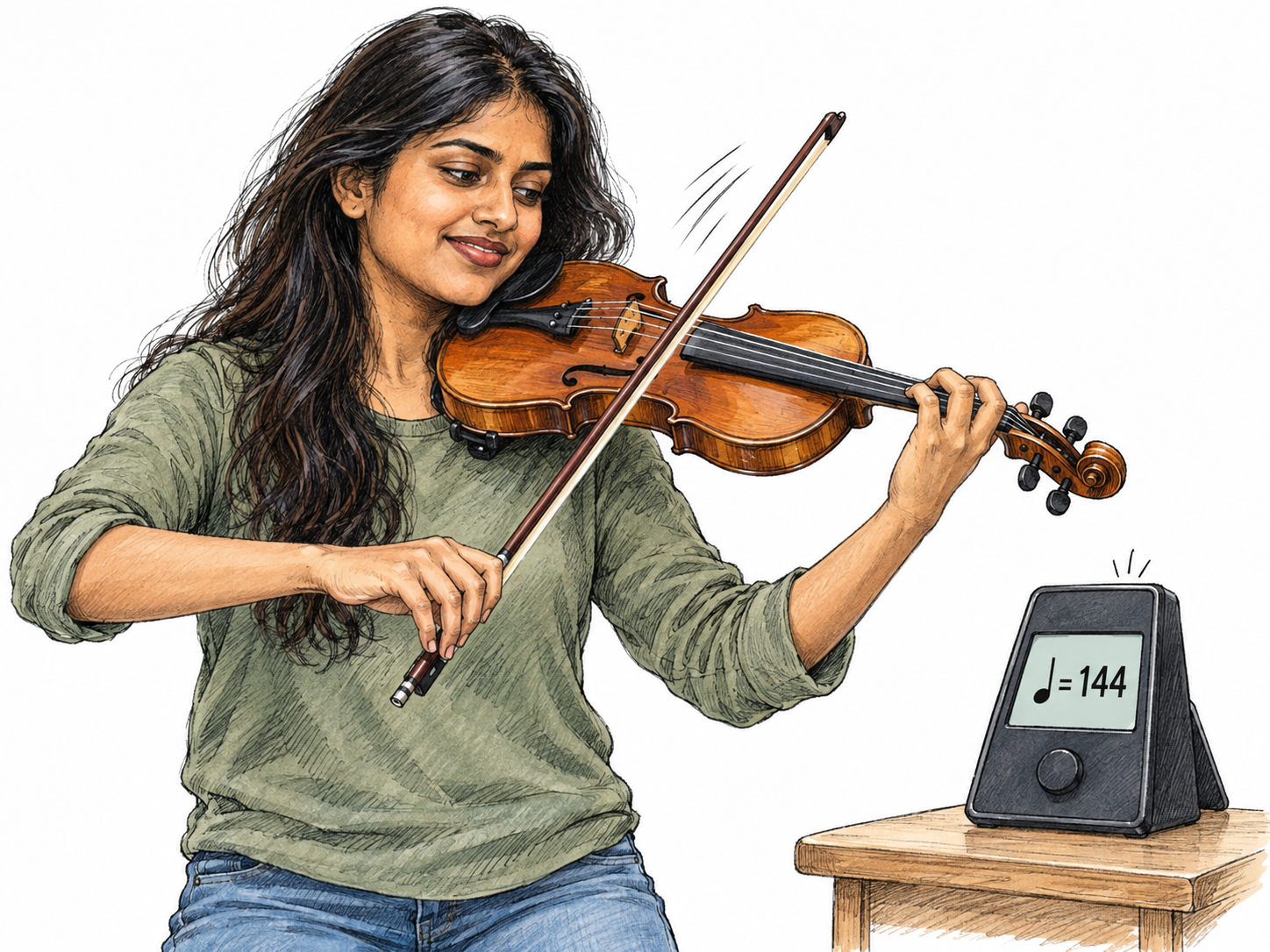 A violinist plays with brisk, buoyant energy beside a clearly visible digital metronome displaying a quarter-note symbol and 144, making the fast musical tempo explicit.