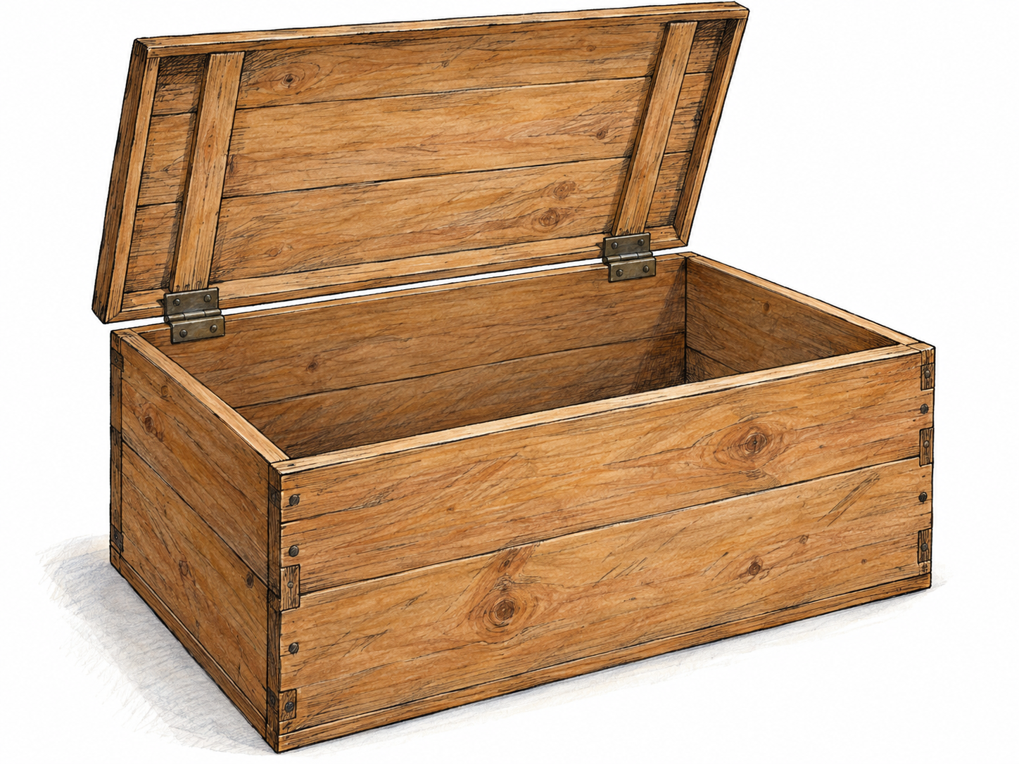 A simple wooden chest with its hinged lid raised fully, clearly exposing an empty, unobstructed interior.