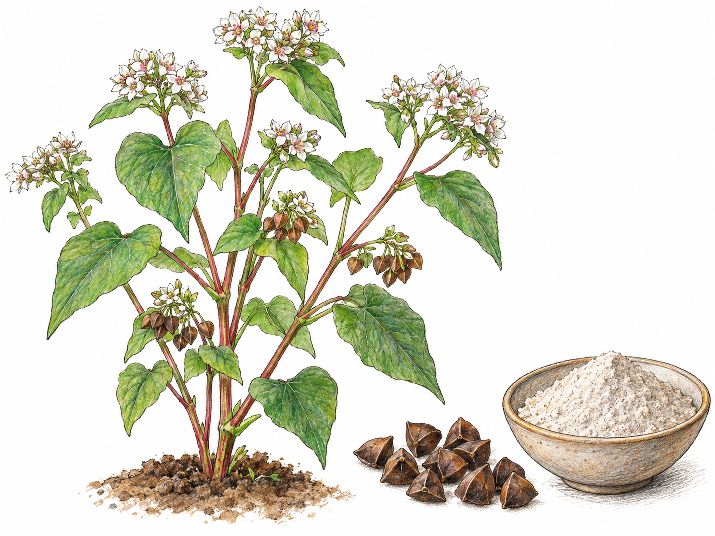 A recognizable buckwheat plant with heart-shaped leaves, small white flower clusters, and ripening triangular seeds, accompanied by a few harvested seeds and a small bowl of flour.
