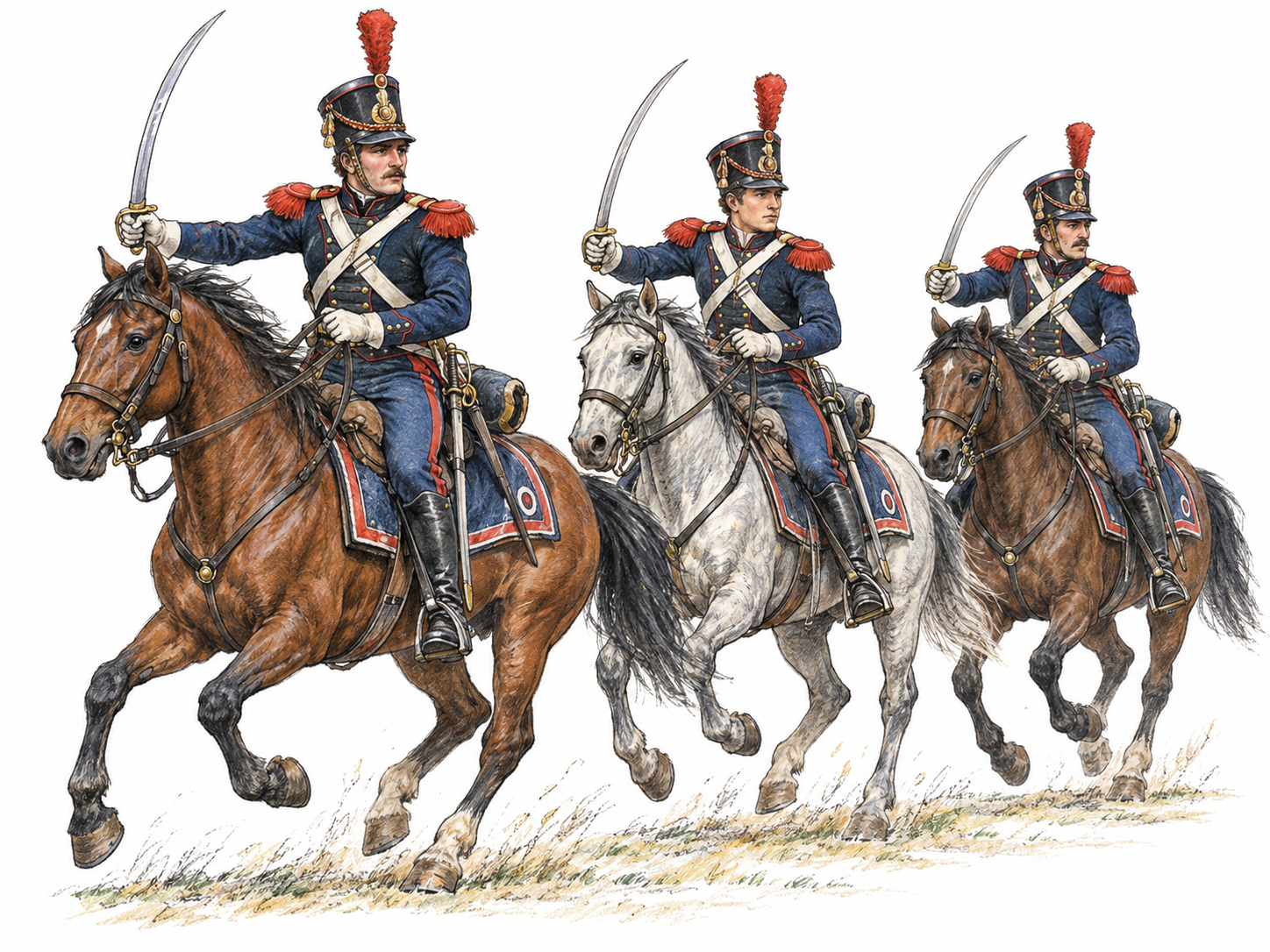 Three nineteenth-century French mounted cavalry soldiers advance together with drawn sabers, visibly presenting an armed mounted unit rather than recreational riders.